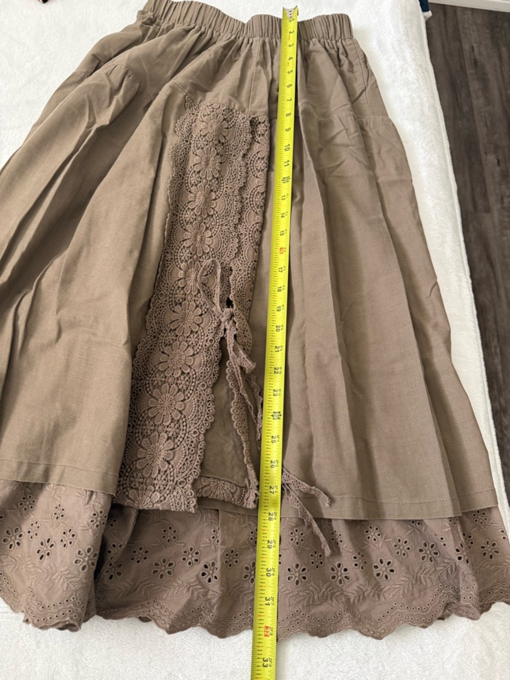Boho Cottagecore Lace Panel Midi Skirt | Taupe Tiered Prairie Skirt size medium - Picture 7 of 7